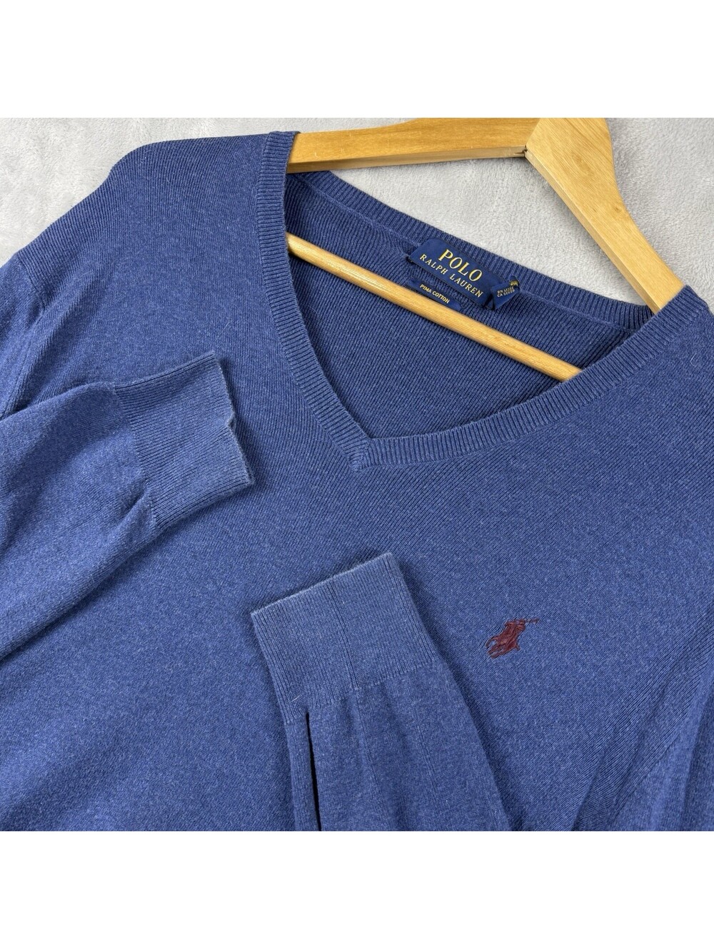 Polo Ralph Lauren Men’s Blue Pima Cotton V-Neck Sweater Embroidered Pony Preppy